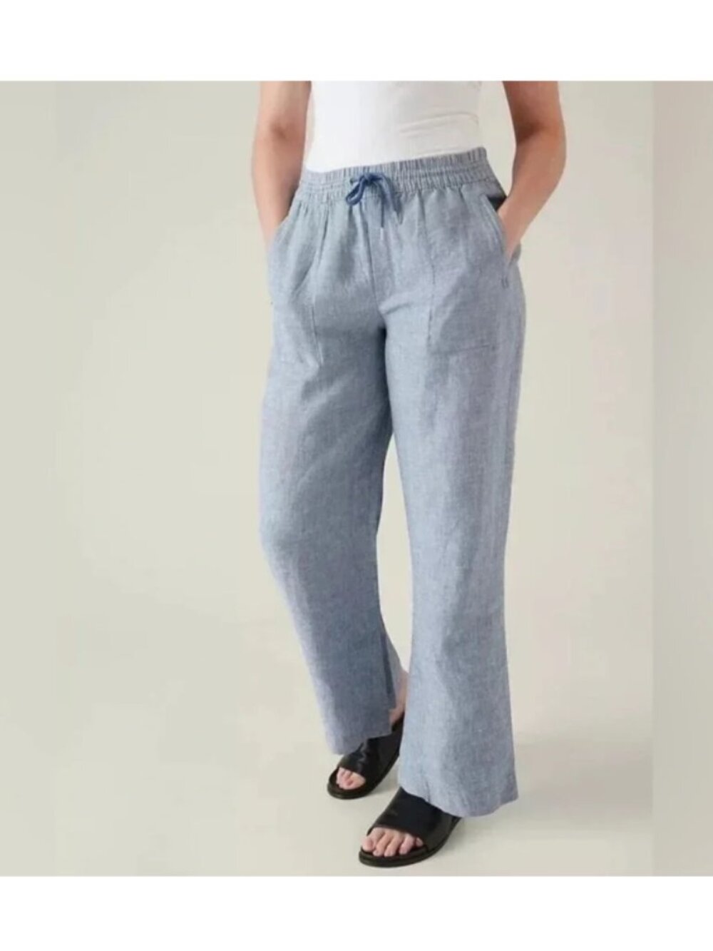 Athleta Retreat blue linen wide leg drawstring pant size 12 - Picture 8 of 8
